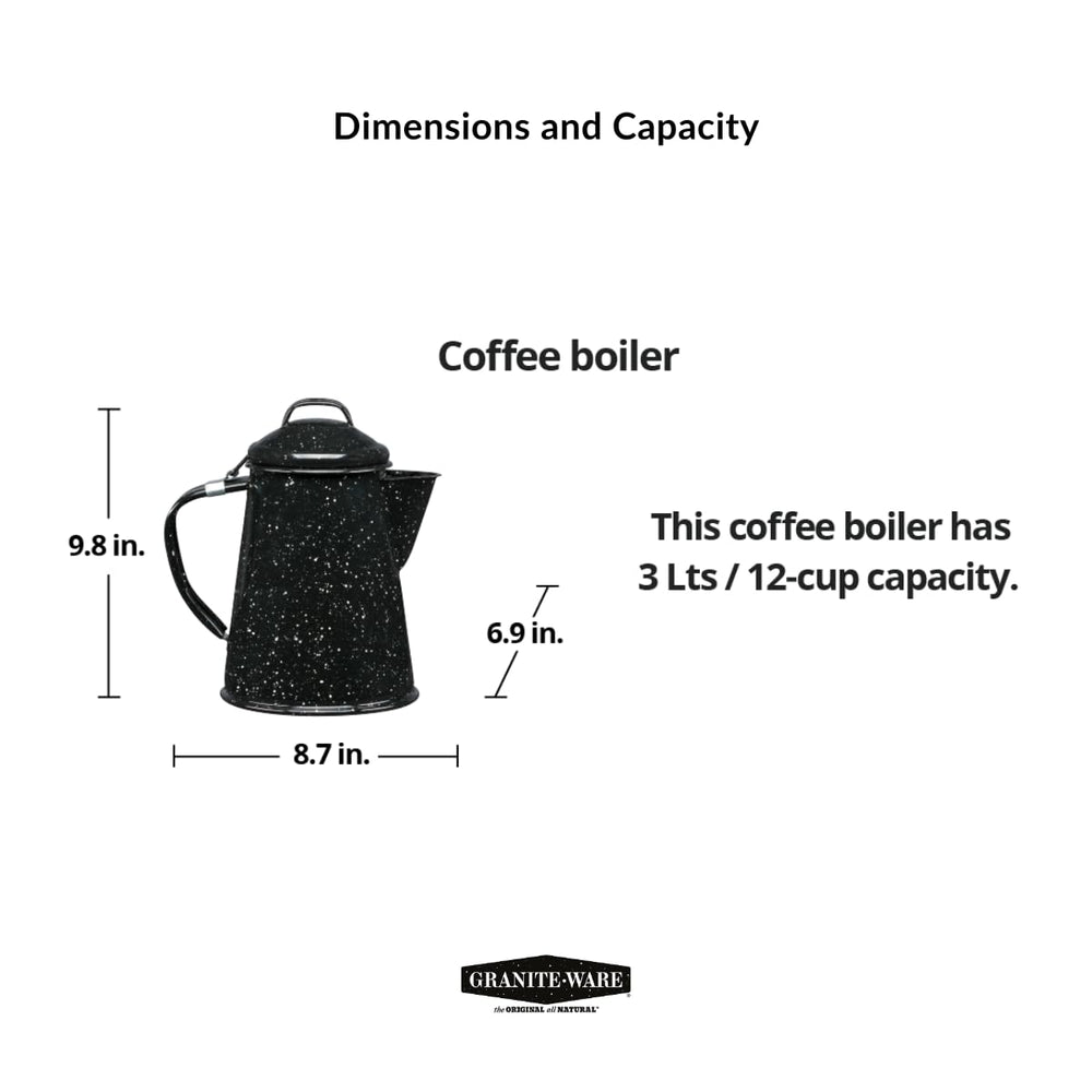 Granite Ware speckled-black finish highlights durable enamel for long-lasting use