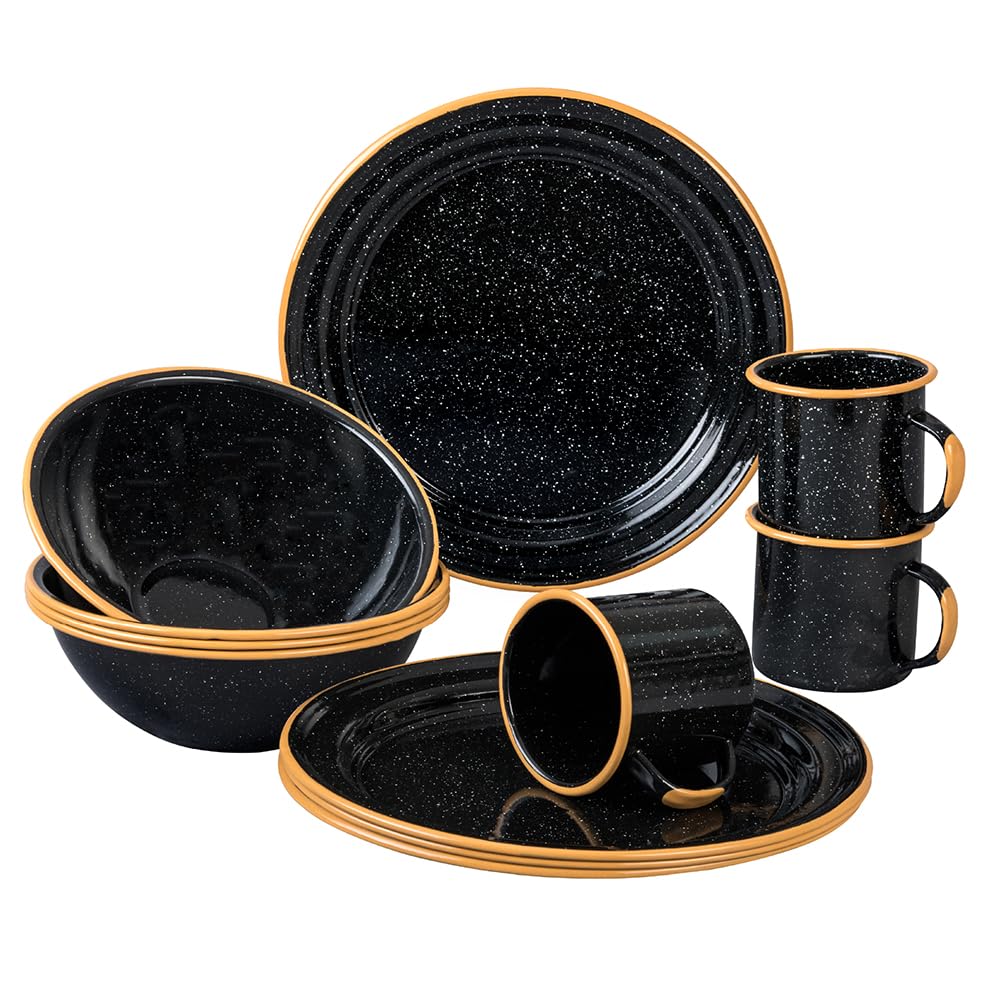 Granite Ware 10-inch speckled black dinner plates for camping meals.