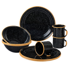 Granite Ware 10-inch speckled black dinner plates for camping meals.