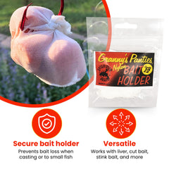 Close-up of bait bag securing liver bait on the hook