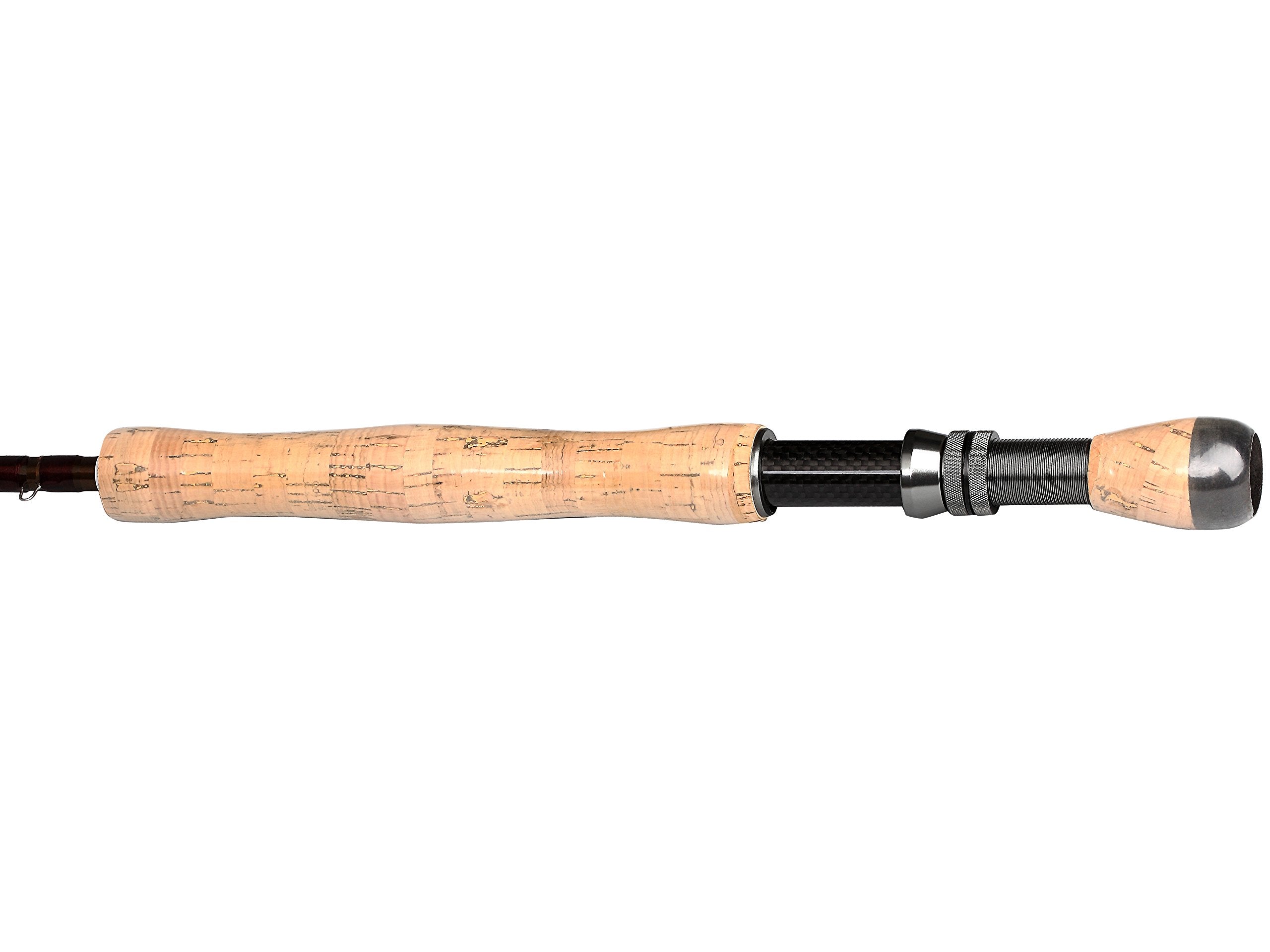 Graphite carbon fiber fly rod aluminum reel seat closeup underscores durable hardware