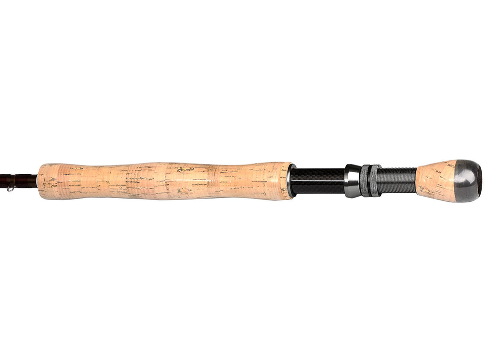 Graphite carbon fiber fly rod aluminum reel seat closeup underscores durable hardware