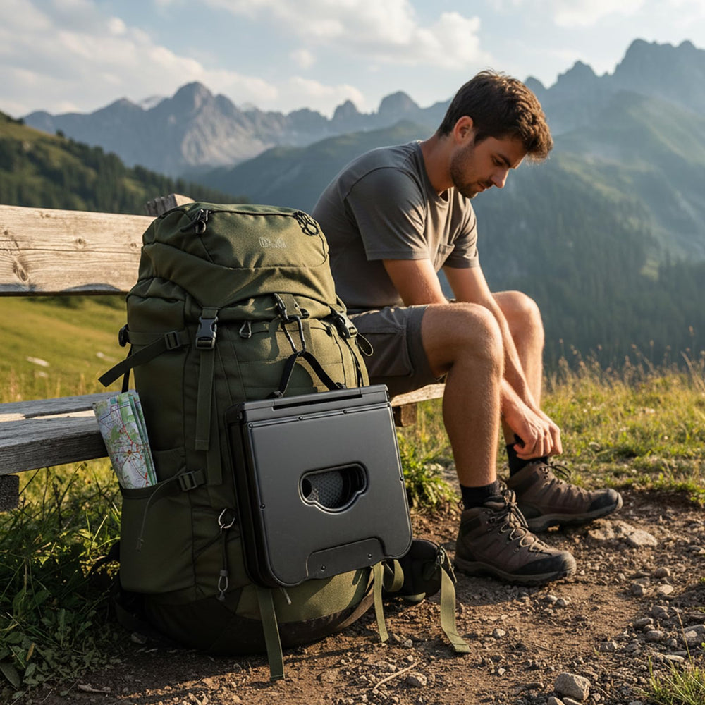 Graxie collapsible stool with carry bag ready for camping or hiking trips.
