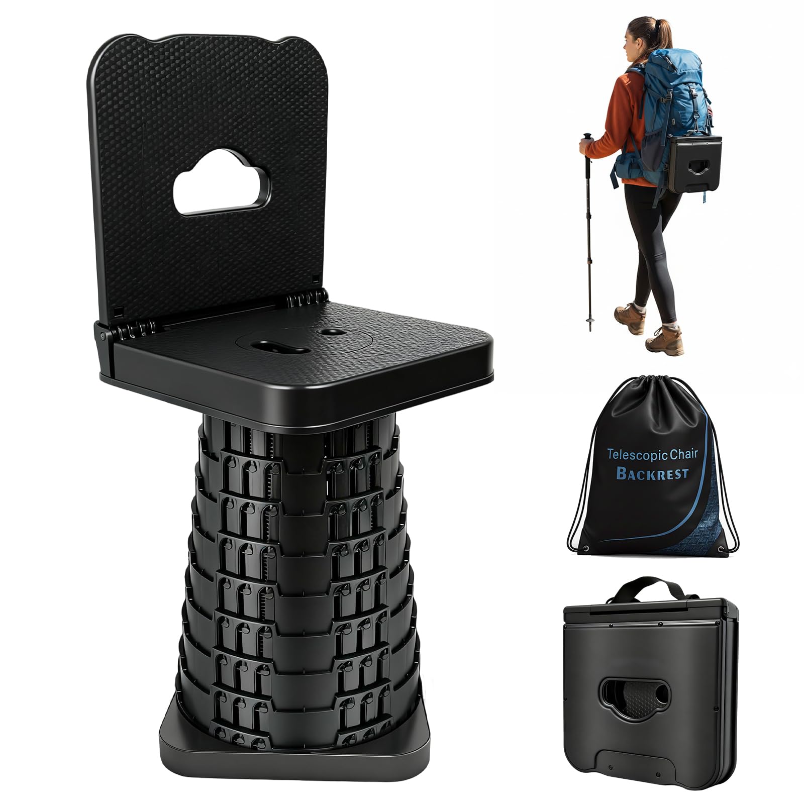 Graxie upgraded collapsible stool with backrest extended for outdoor comfort.