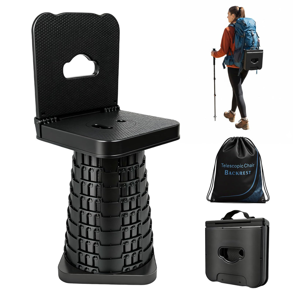 Graxie upgraded collapsible stool with backrest extended for outdoor comfort.