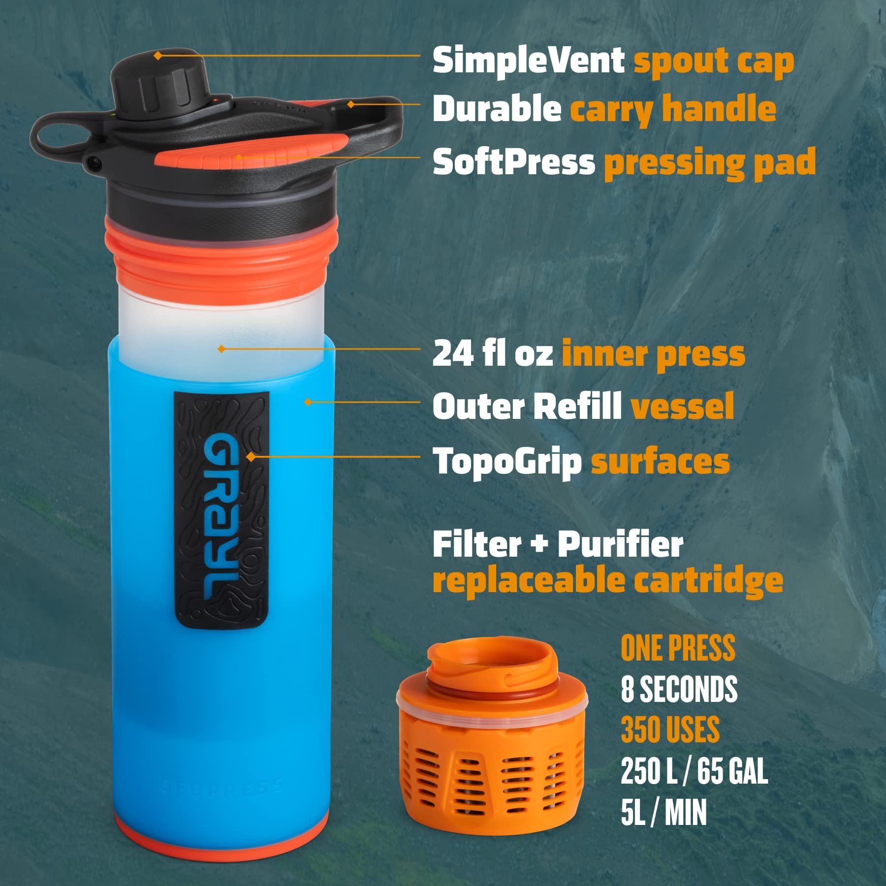 GRAYL GeoPress 24 oz Bali Blue pour action demonstrates quick purification on the go