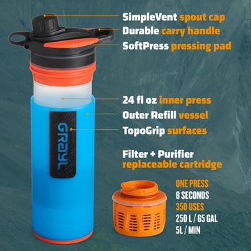 GRAYL GeoPress 24 oz Bali Blue pour action demonstrates quick purification on the go