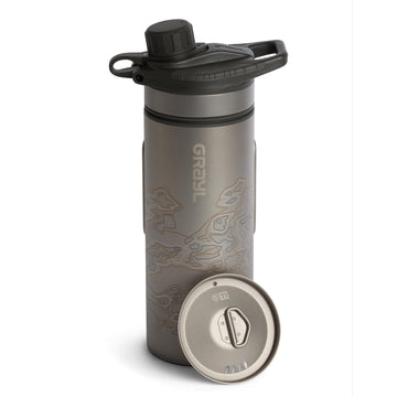 GRAYL GeoPress Titanium bottle in full view for outdoor hydration on the go