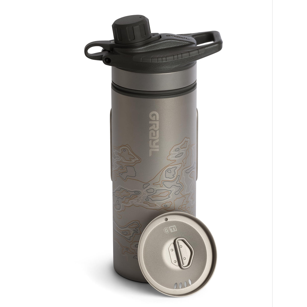 GRAYL GeoPress Titanium bottle in full view for outdoor hydration on the go