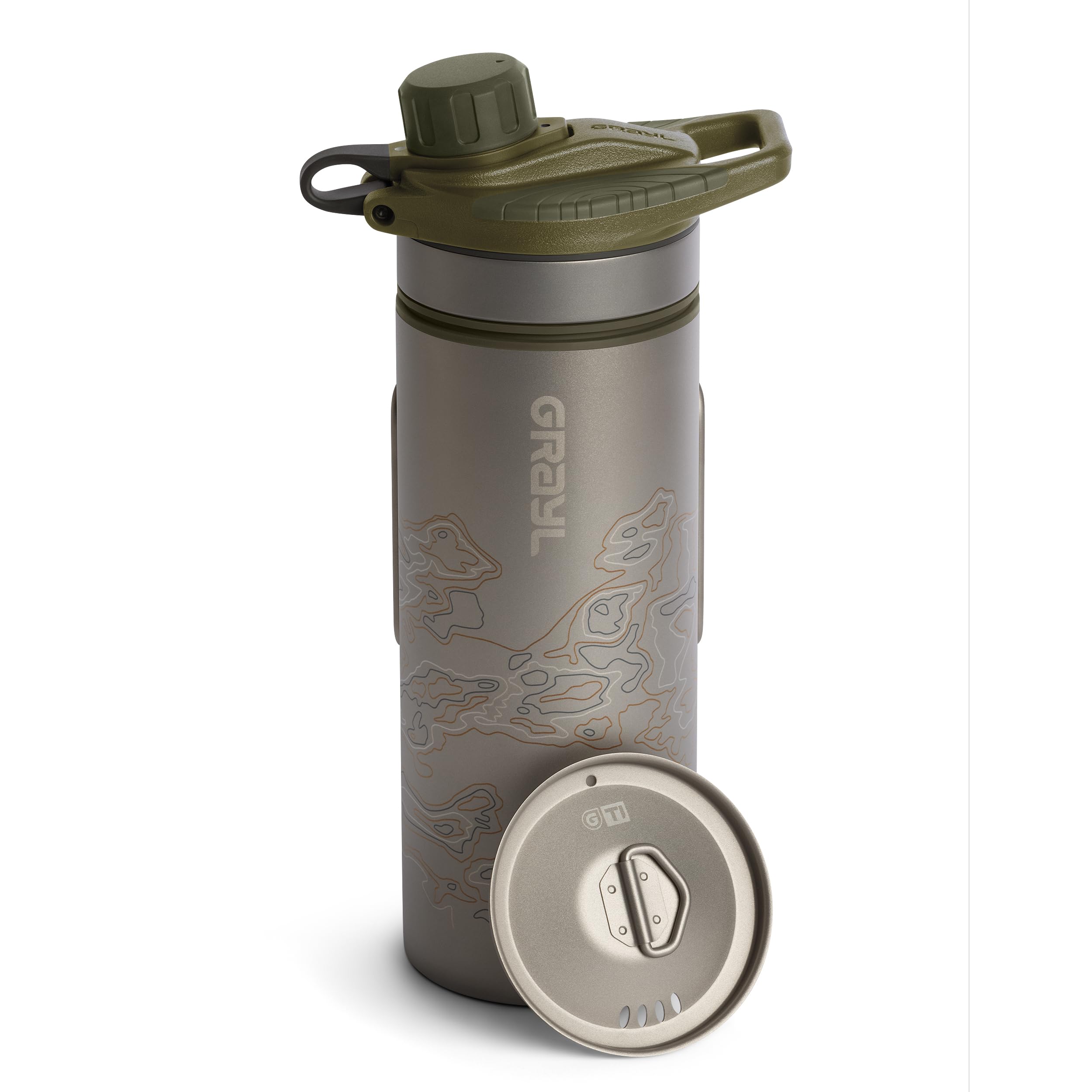Grayl GeoPress Titanium 24oz bottle front view for outdoor purification.