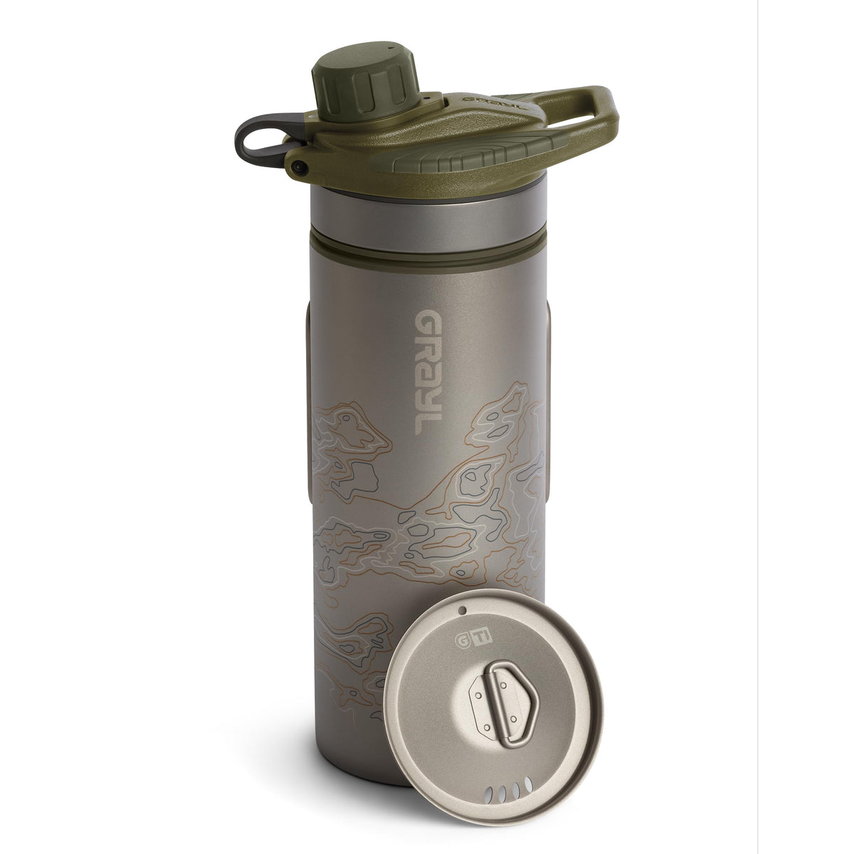 Grayl GeoPress Titanium 24oz bottle front view for outdoor purification.