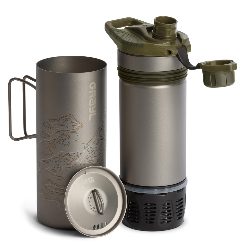 Grayl GeoPress titanium bottle side view for on-the-go hydration.