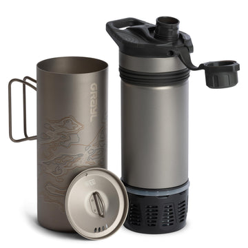 GRAYL GeoPress Titanium pouring purified water for safe sip