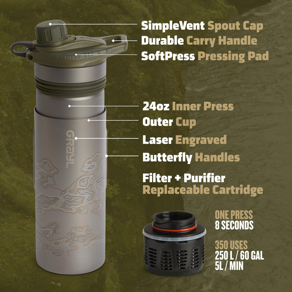 Grayl GeoPress 24oz bottle in emergency kit scenario.