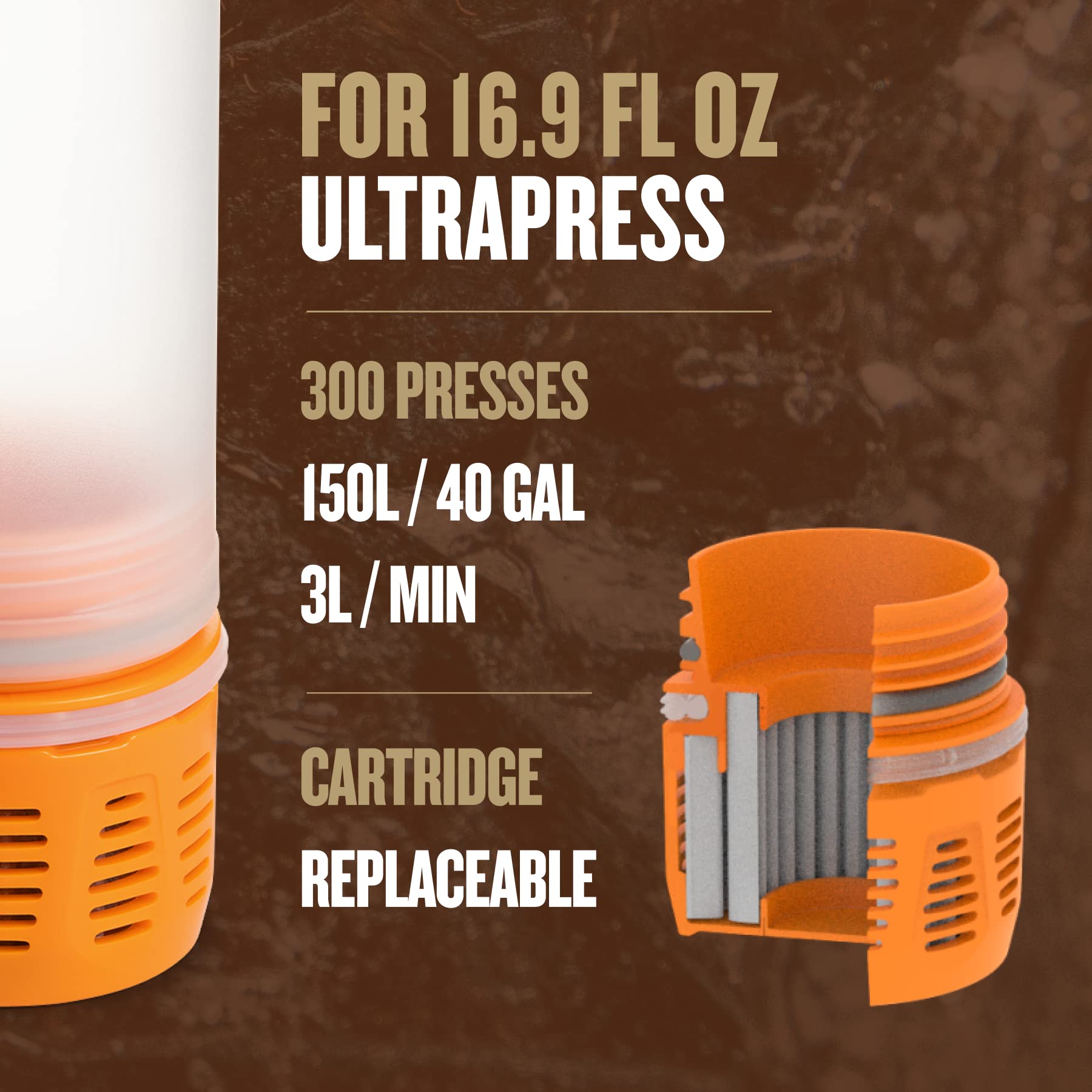 GRAYL UltraPress orange cartridge removes pathogens for safer hydration on outdoor trips.