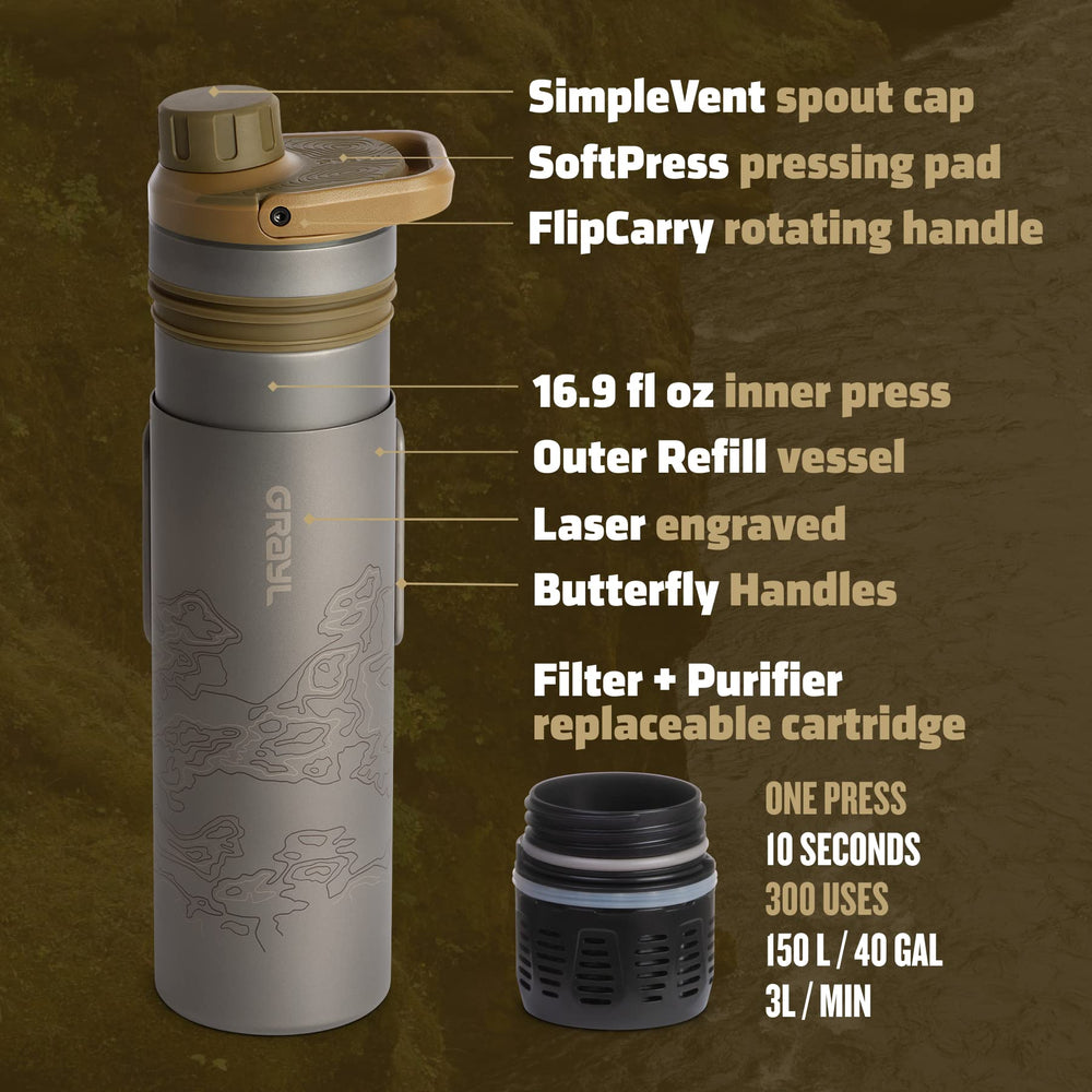 GRAYL UltraPress backpack-ready bottle among gear for travel