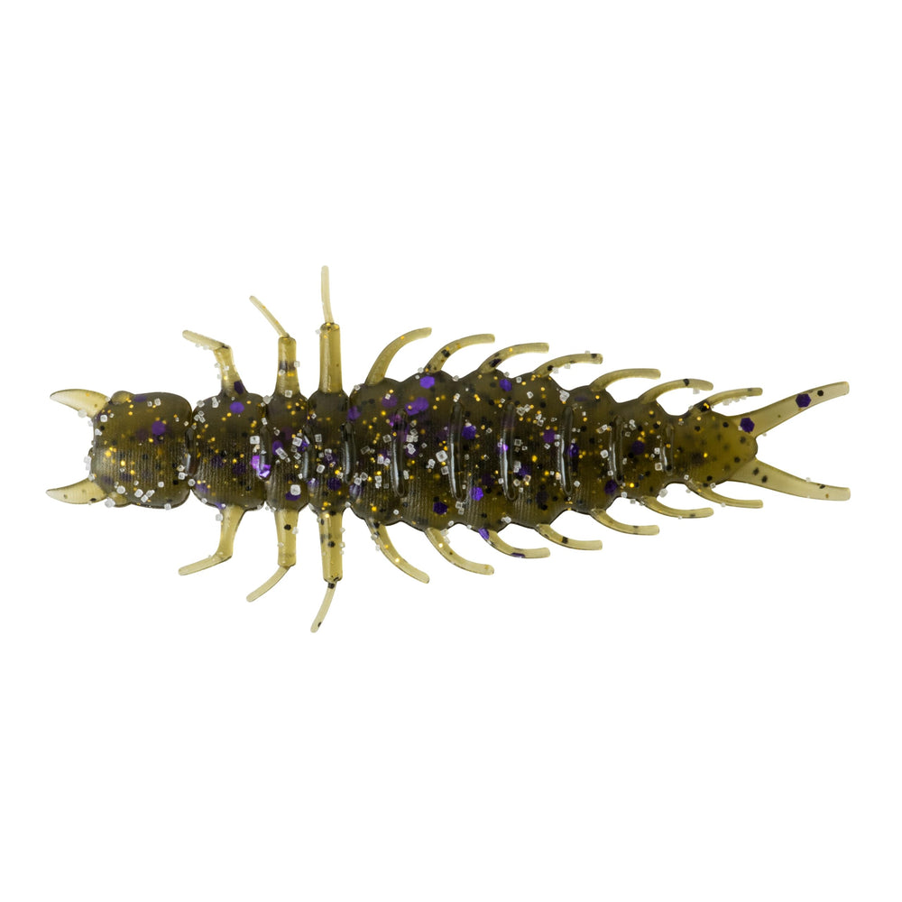 Great Lakes Finesse Juicy Hellgrammite in green pumpkin purple flake for drop shot success.