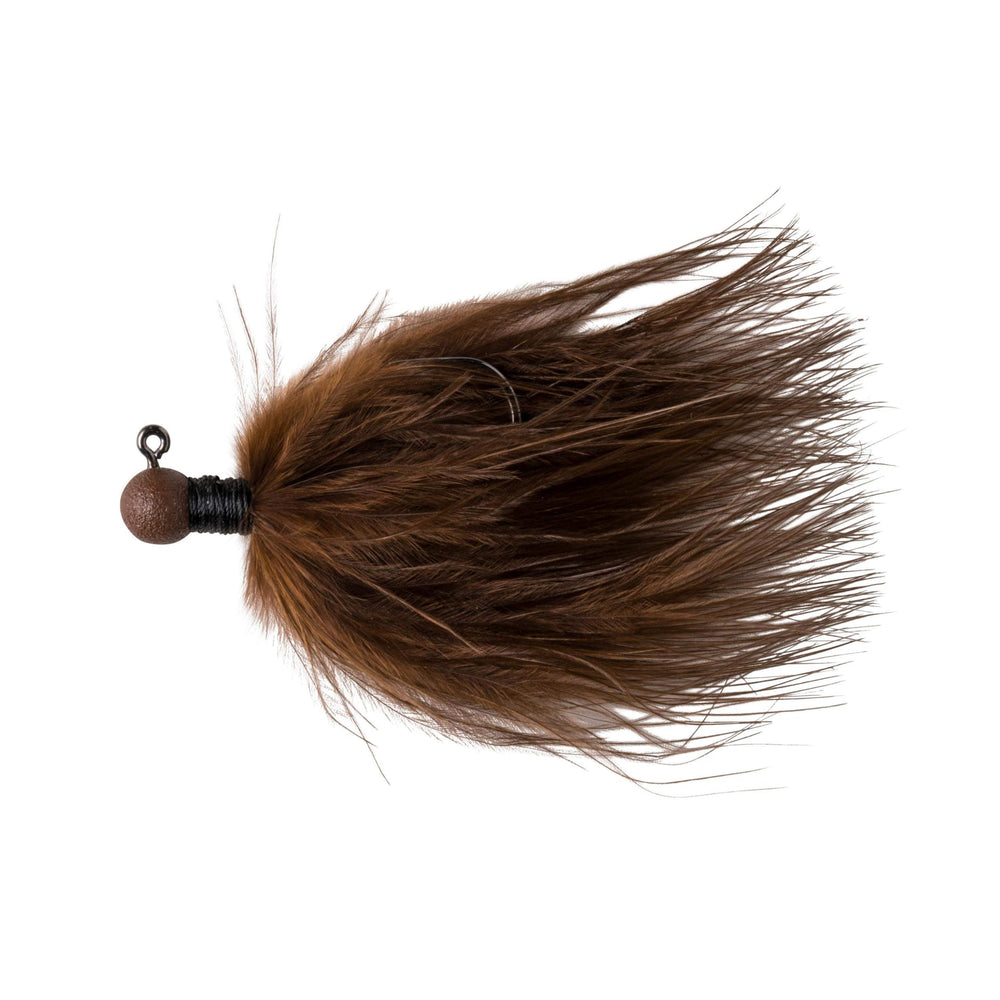 Great Lakes Finesse marabou jig brown head close-up with durable powder coat.