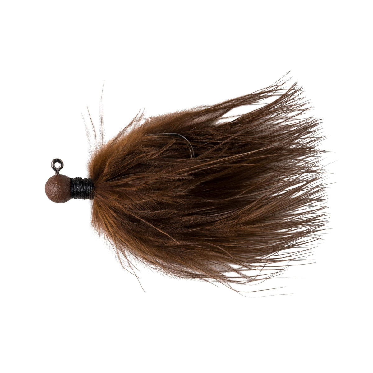 Great Lakes Finesse marabou jig brown head close-up with durable powder coat.