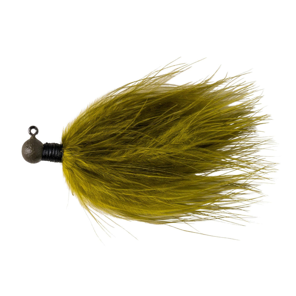 Great Lakes Finesse Marabou Jig Olive 3/32 oz shows lifelike movement in water.