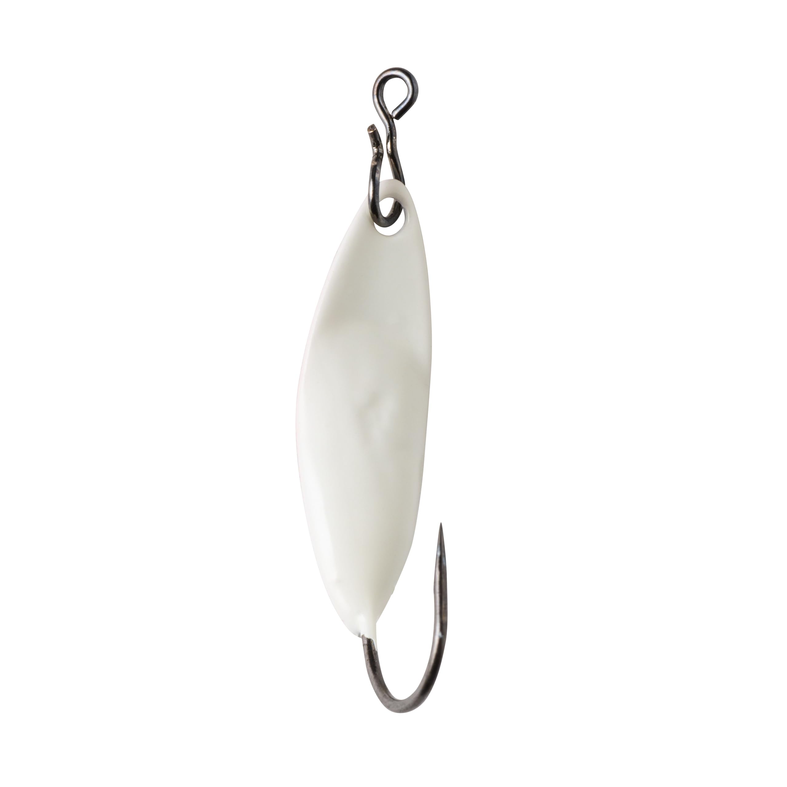 Great Lakes Finesse Taco Spoon Pearl Glow Silver shows bright visibility for ice fishing.