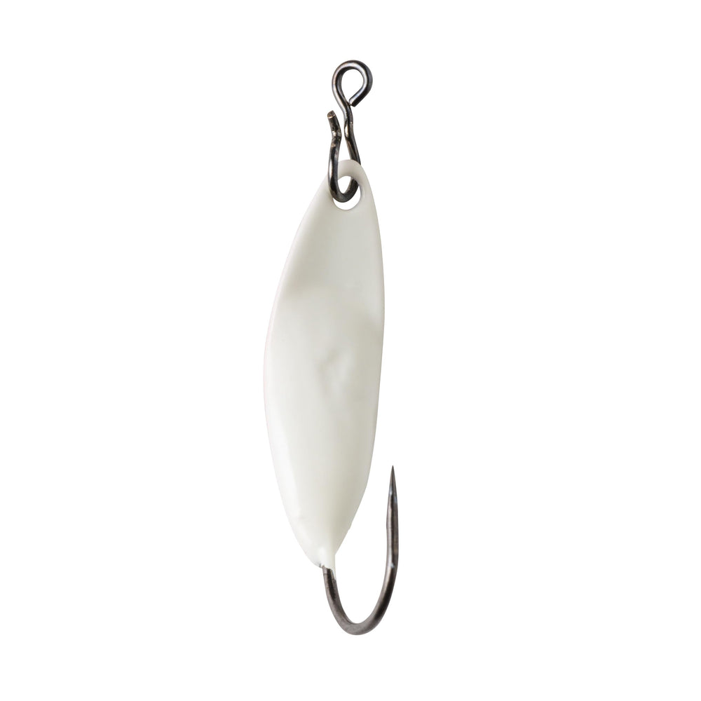 Great Lakes Finesse Taco Spoon Pearl Glow Silver shows bright visibility for ice fishing.