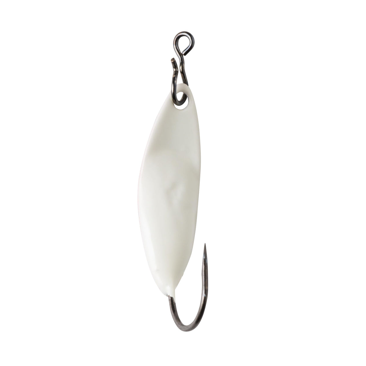 Great Lakes Finesse Taco Spoon Pearl Glow Silver shows bright visibility for ice fishing.