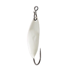 Great Lakes Finesse Taco Spoon Pearl Glow Silver shows bright visibility for ice fishing.