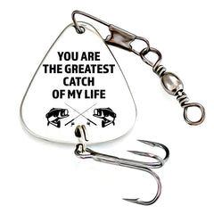 Front view of Greatest Catch engraved stainless steel fishing lure
