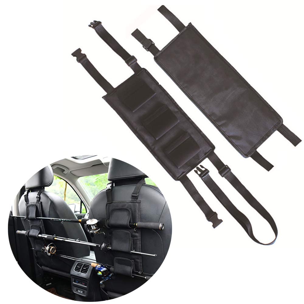 Adjustable nylon sling securing rod holder to car headrest