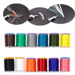 Close-up of 12-color fly tying thread spool with 140 Denier and long length
