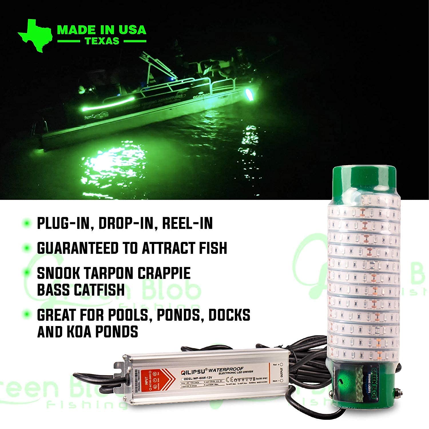 Green Blob Outdoors 30-foot cord lets you place the light anywhere around a dock.