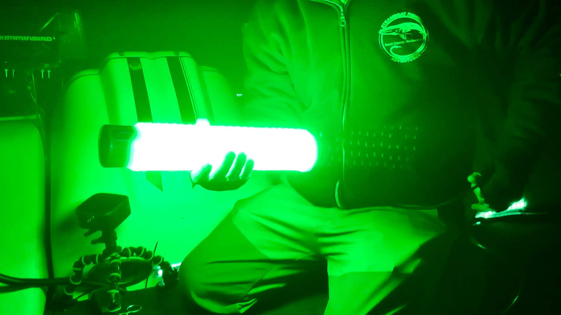 Green Blob Outdoors dock-side light creates a gentle glow for night fishing.