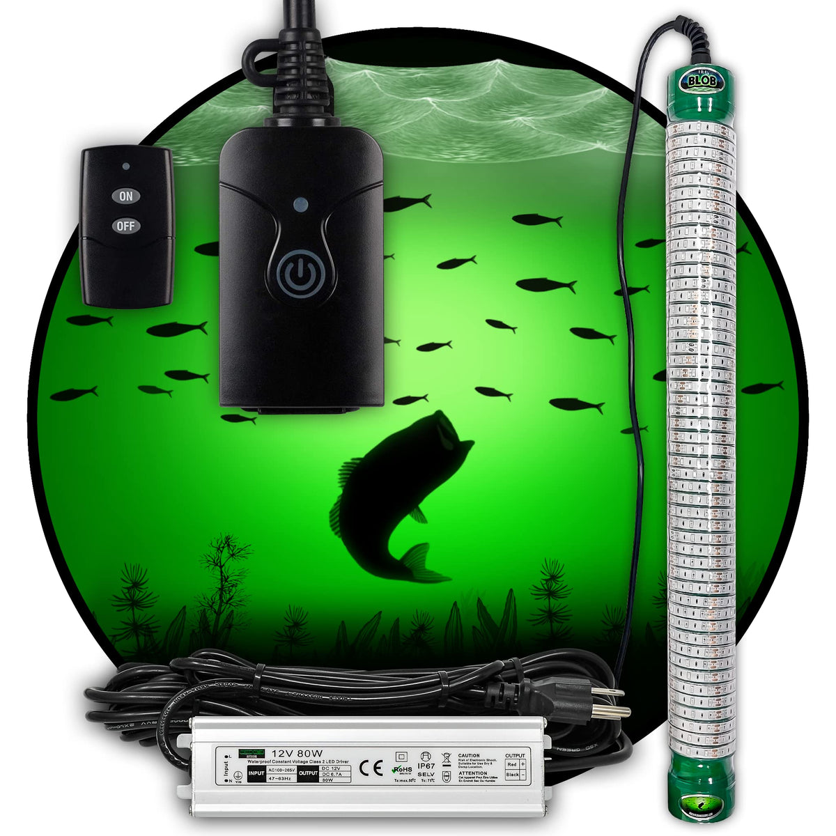Green Blob Outdoors underwater light glows beneath a dock, attracting fish at night.