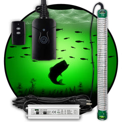 Green Blob Outdoors underwater light glows beneath a dock, attracting fish at night.