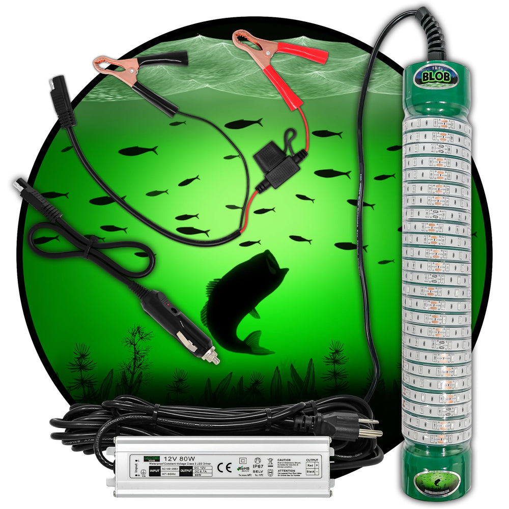 Green Blob Outdoors underwater light for docks and boats brightens water for night fishing.