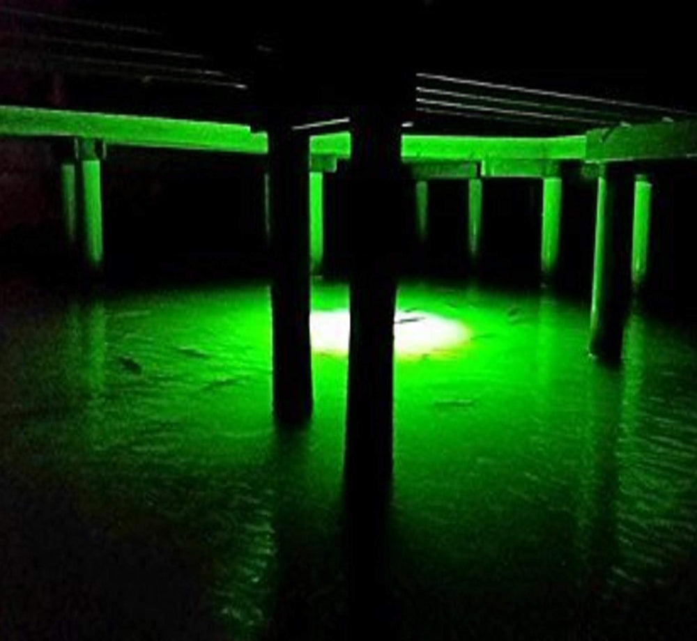 Green Blob Outdoors kayak setup underwater light improves night fishing visibility.