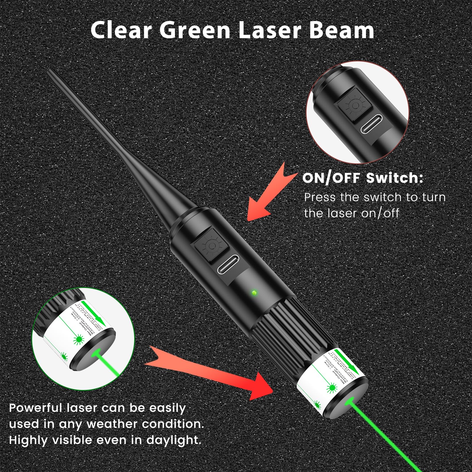 Green bore sight laser beam visible up to 300 yards