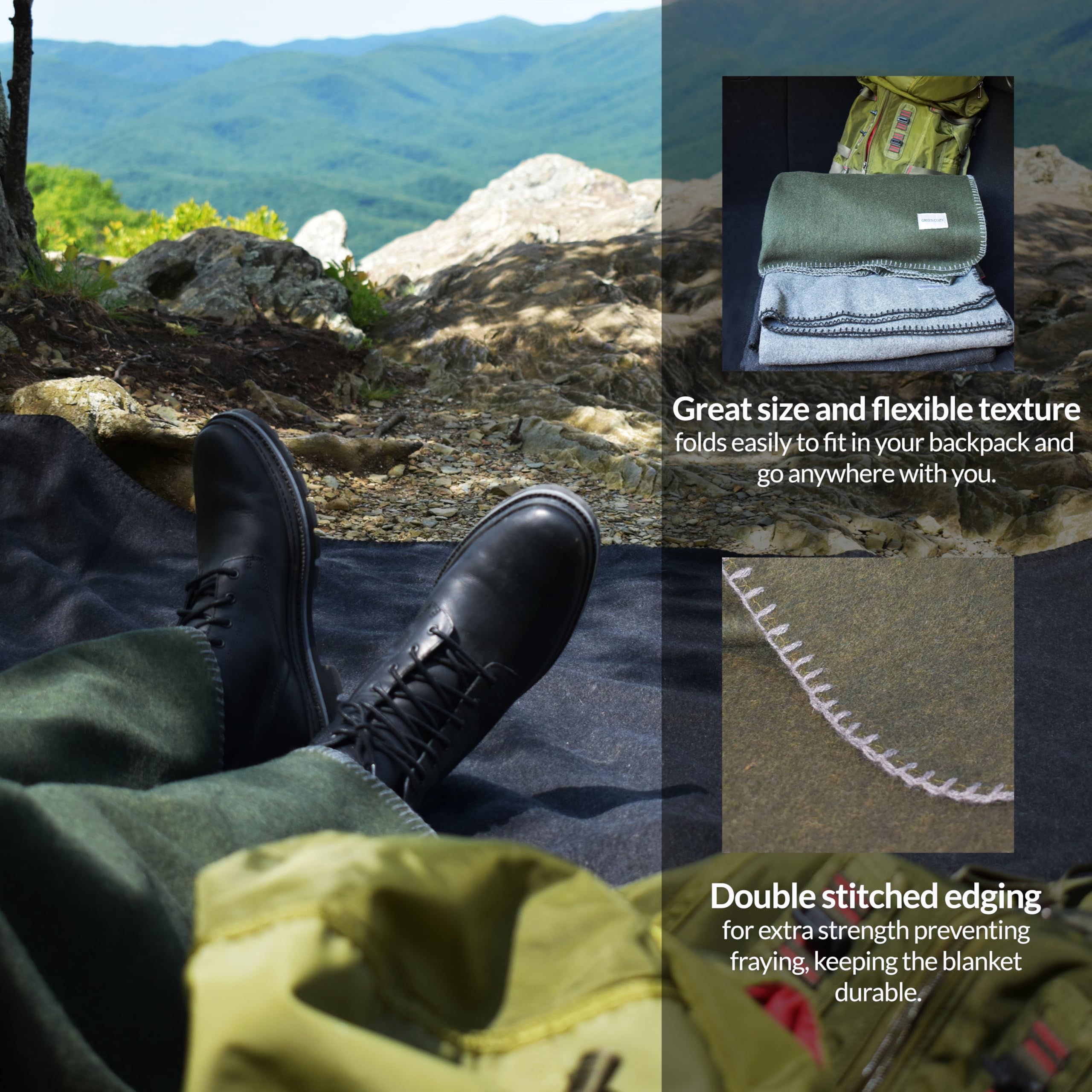 Green Cozy Military-Style Wool Blanket folded size 64x90 demonstrates generous coverage
