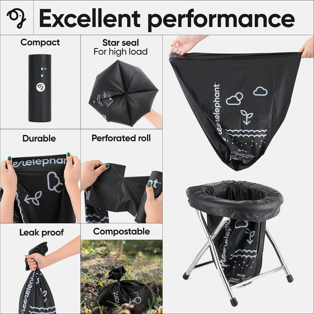 Green Elephant biodegradable-waste-solution outdoors in use with portable toilet.