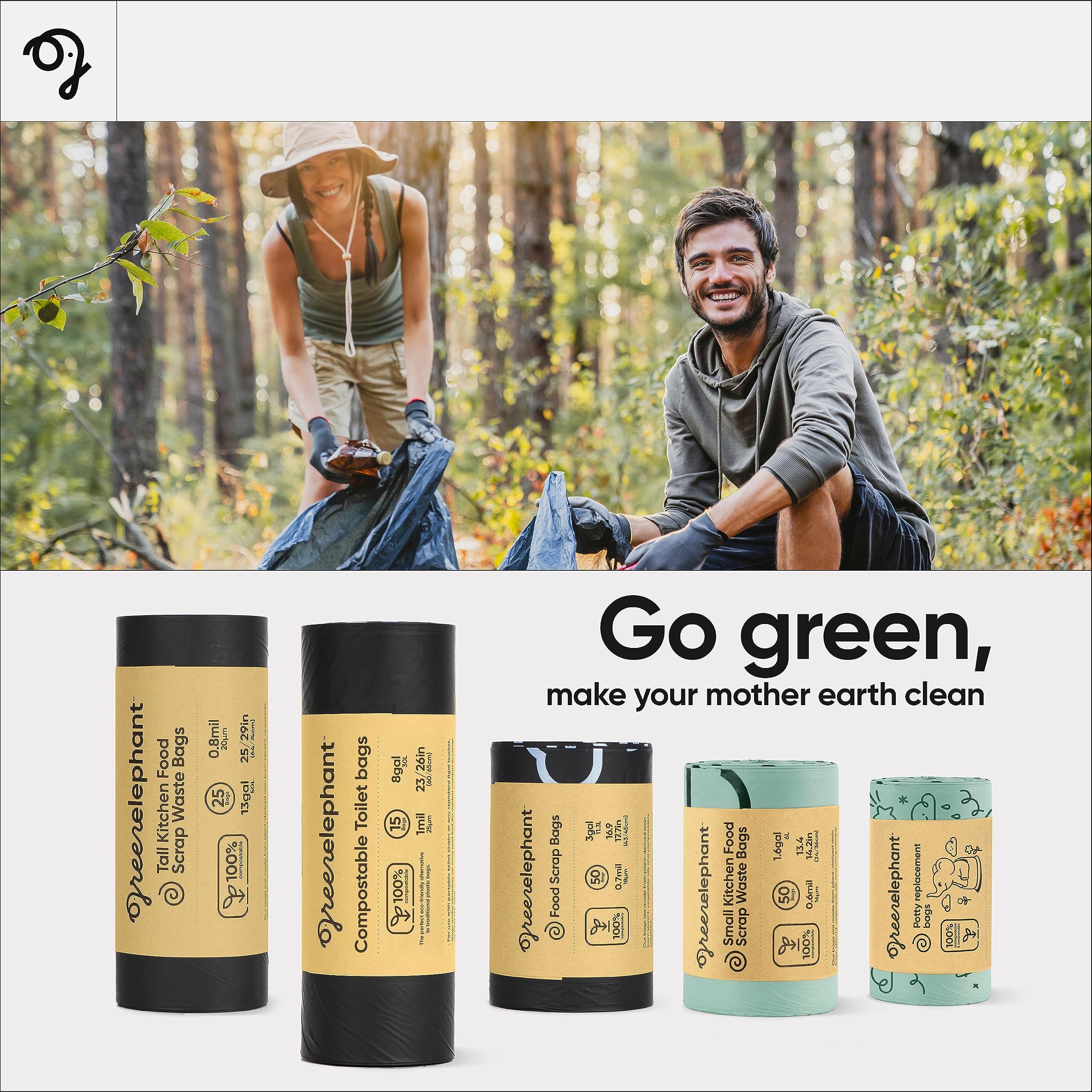 Green Elephant eight-gallon-capacity bag display highlights waste-collection capacity.