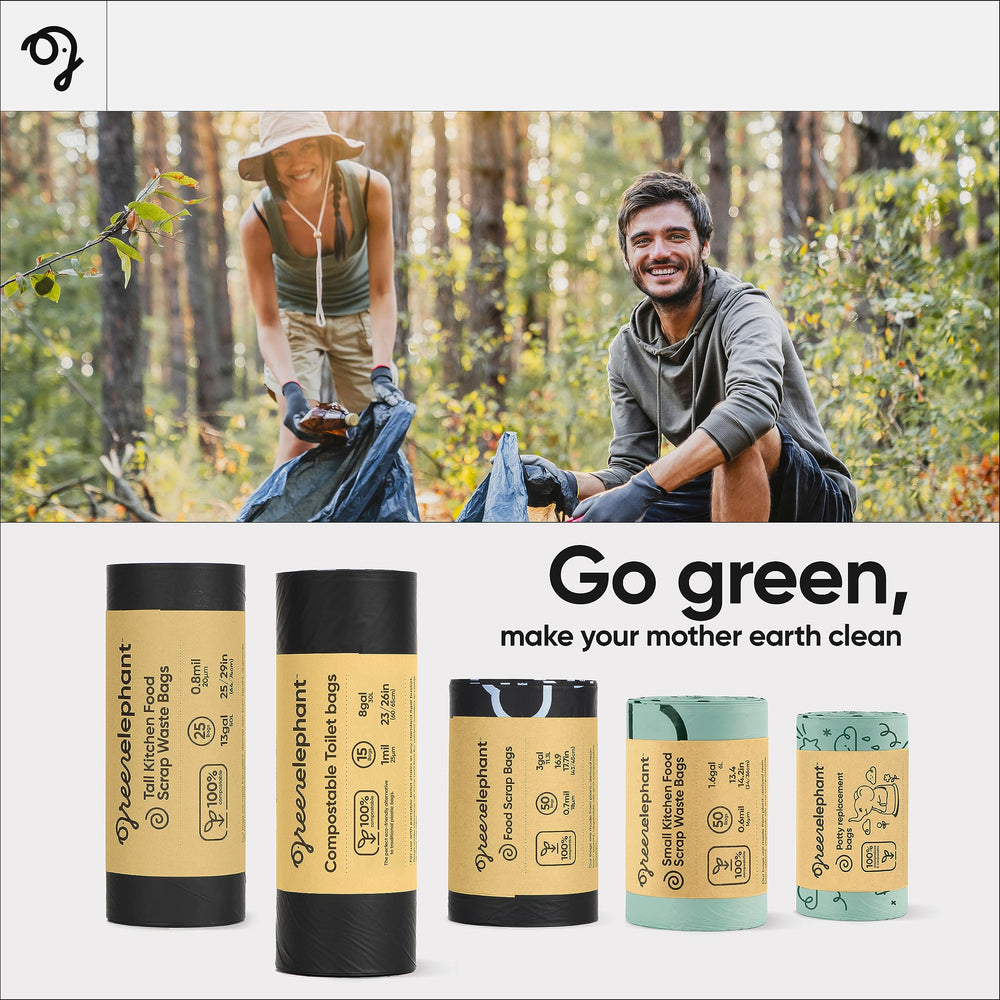Green Elephant eight-gallon-capacity bag display highlights waste-collection capacity.