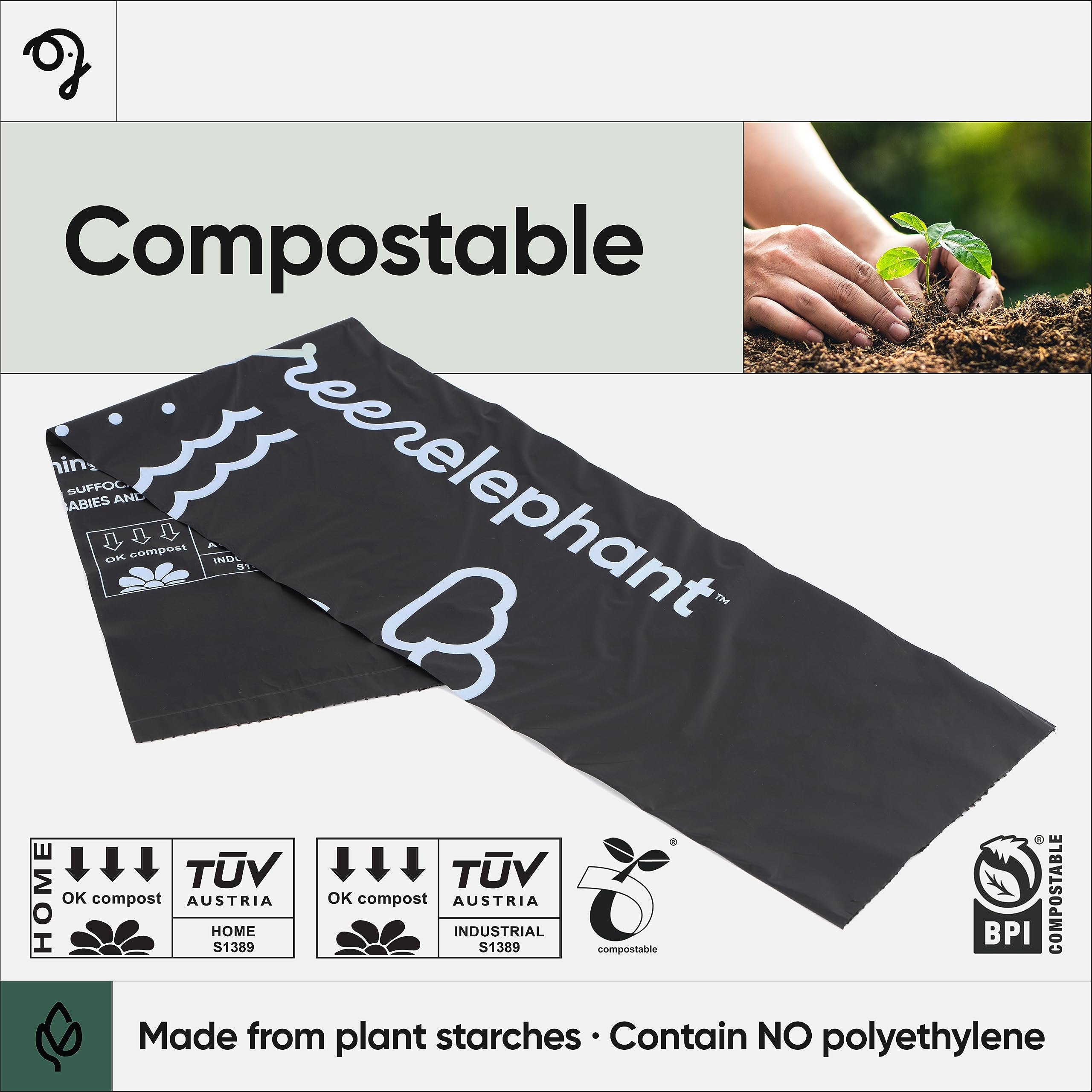 Green Elephant compostable bags in-use demonstration for biodegradable outdoor waste.