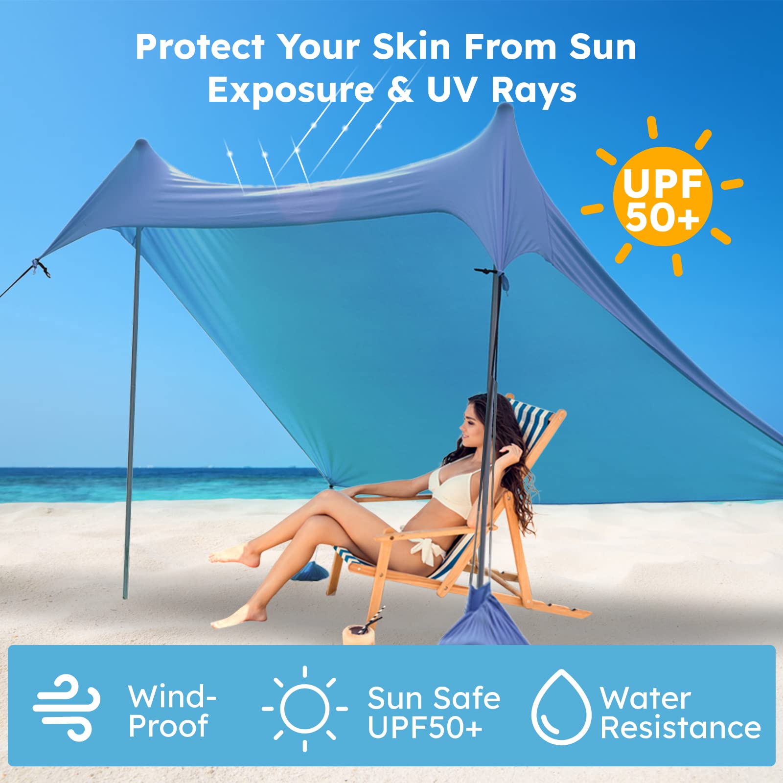 GREEN PARTY Beach Tent 7x7 blue sun shelter with rust-proof poles stays sturdy by the shore.