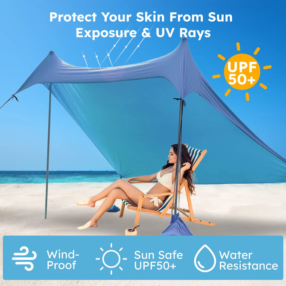 GREEN PARTY Beach Tent 7x7 blue sun shelter with rust-proof poles stays sturdy by the shore.