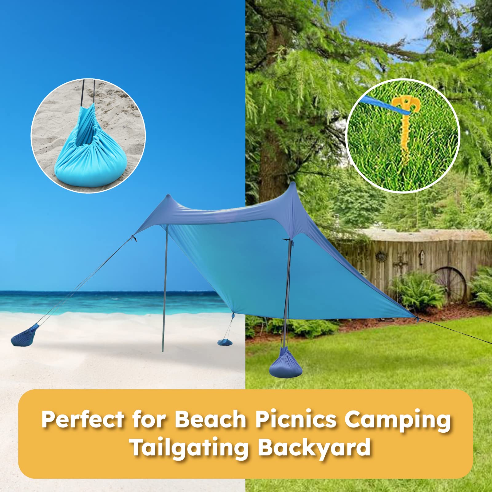 GREEN PARTY Beach Tent 7x7 blue shade canopy uses sandbag anchors for stable setup.