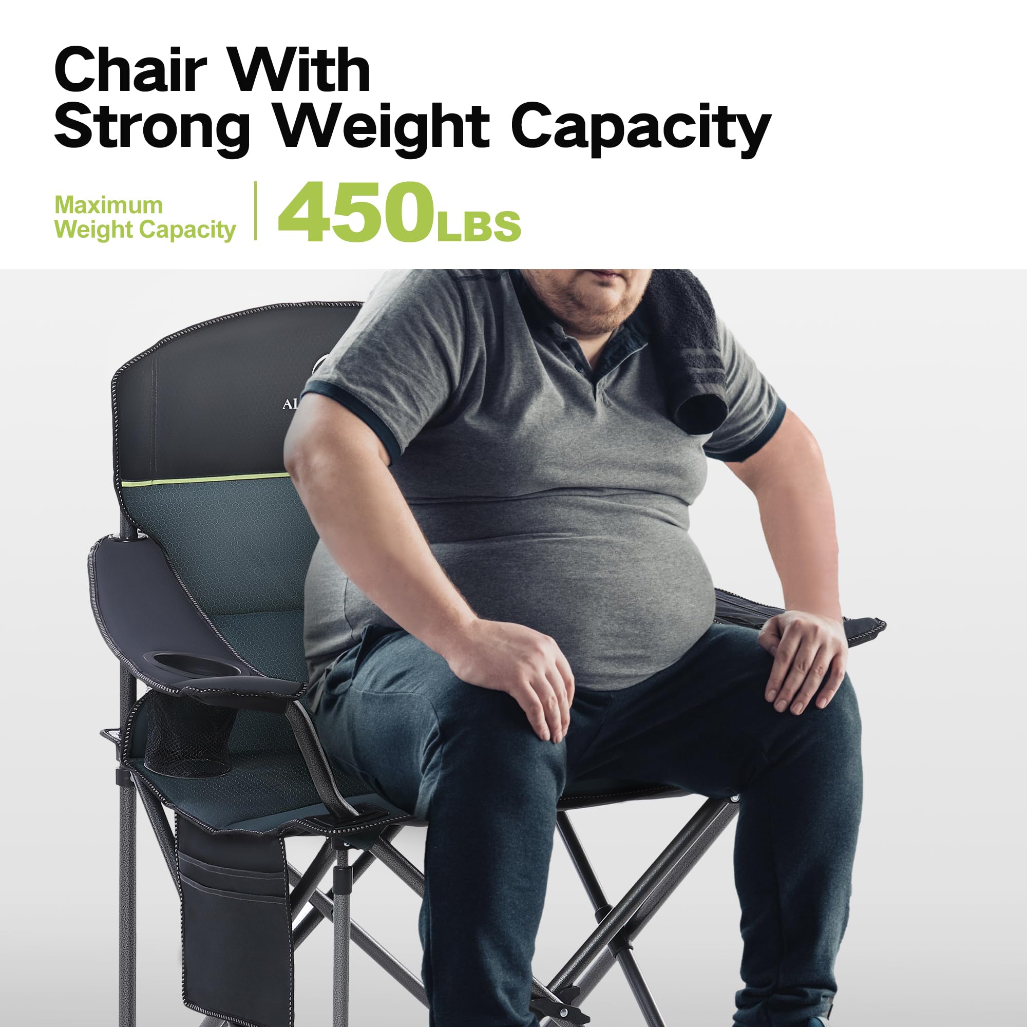 GREEN PARTY folding chair cup holder detail for quick access to beverages