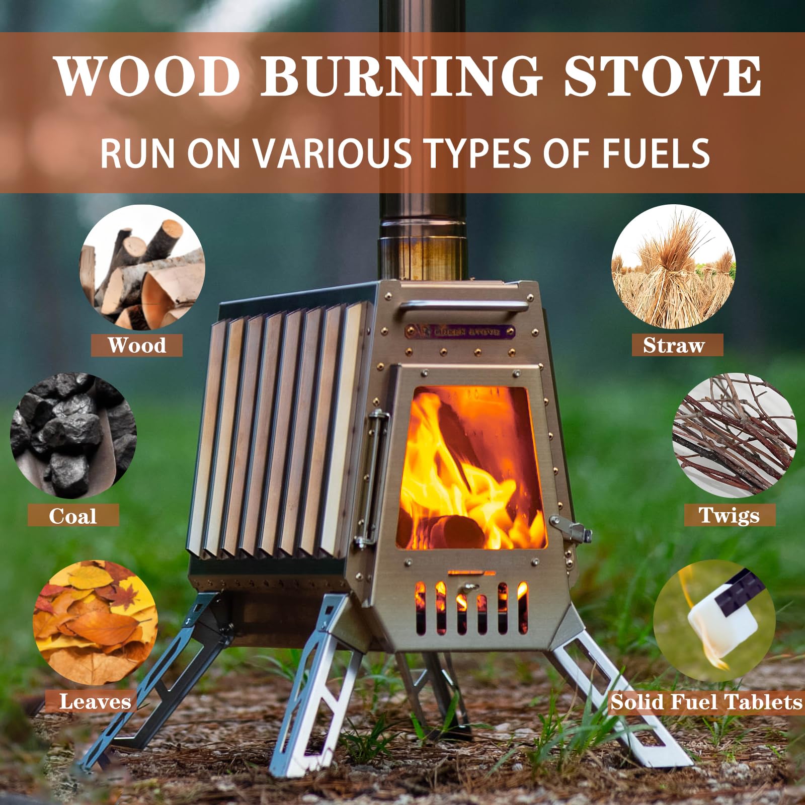 Green Stove Defender chimney stored inside allows compact packing.