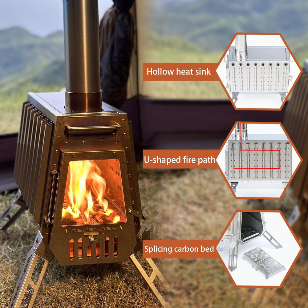 Green Stove Defender legs folded for easy transport and rapid campsite setup.