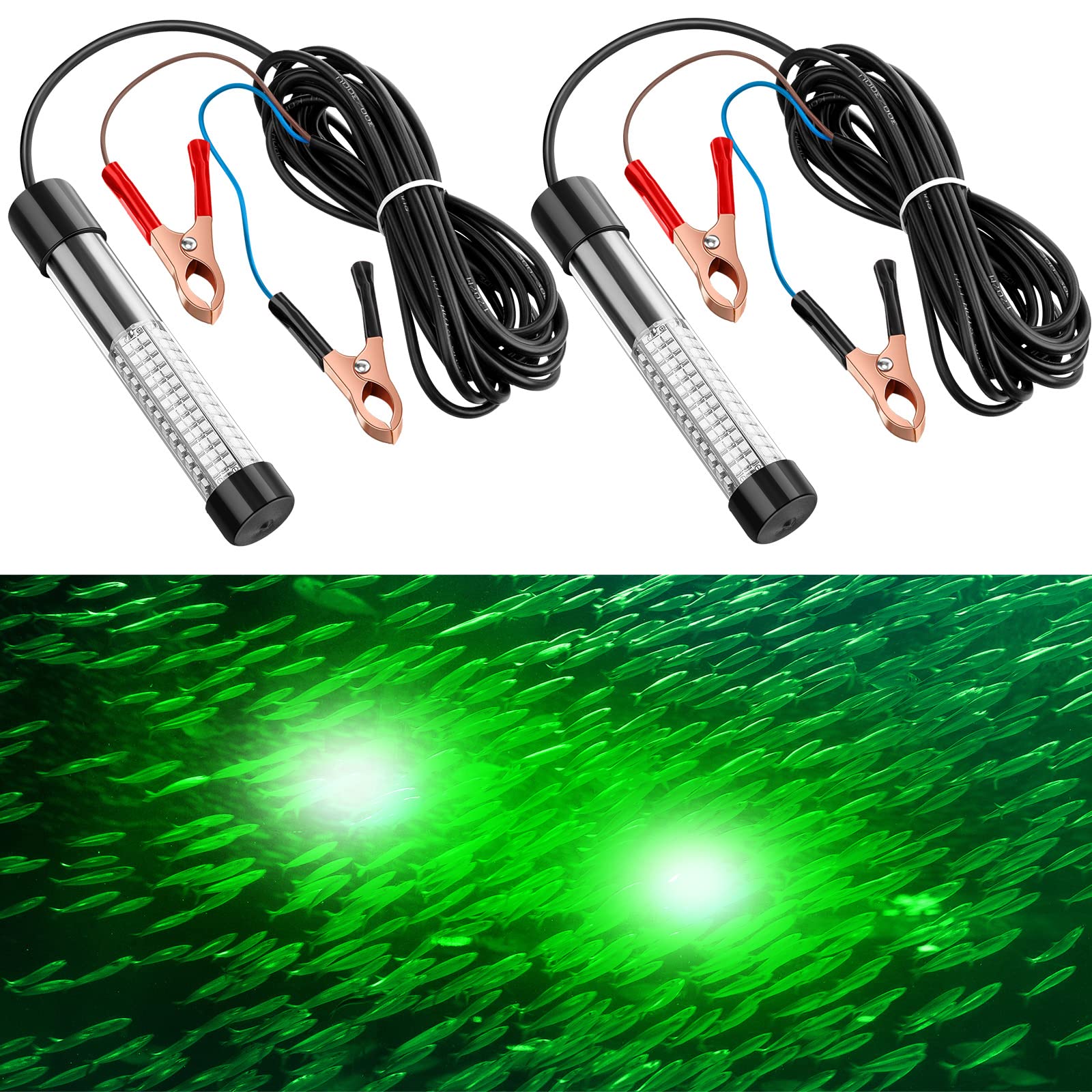Two green submersible underwater fishing lights (12V, 10W)